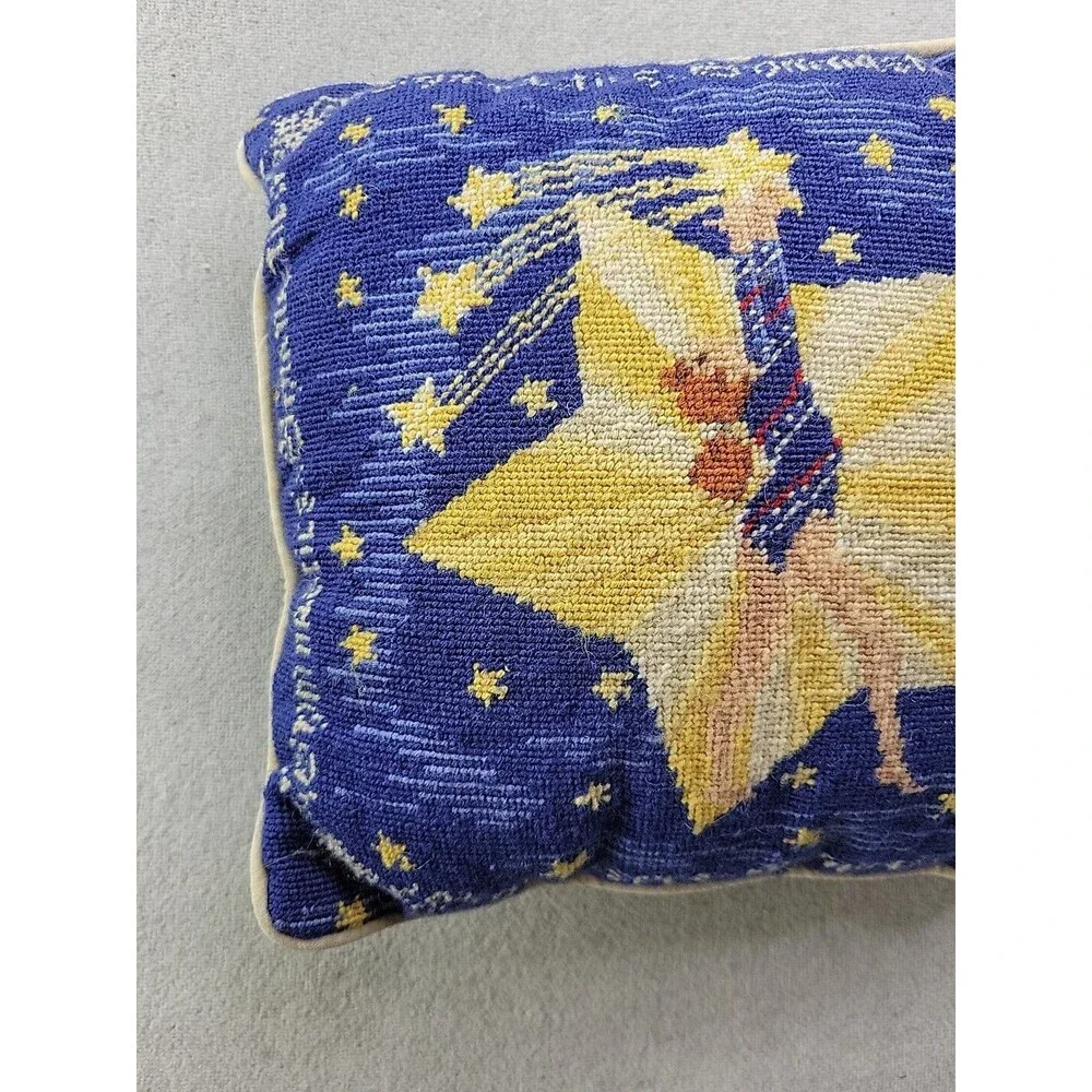 Gymnastics Needlepoint Pillow Shooting Stars Moon Velvet Back Blue Yellow 9